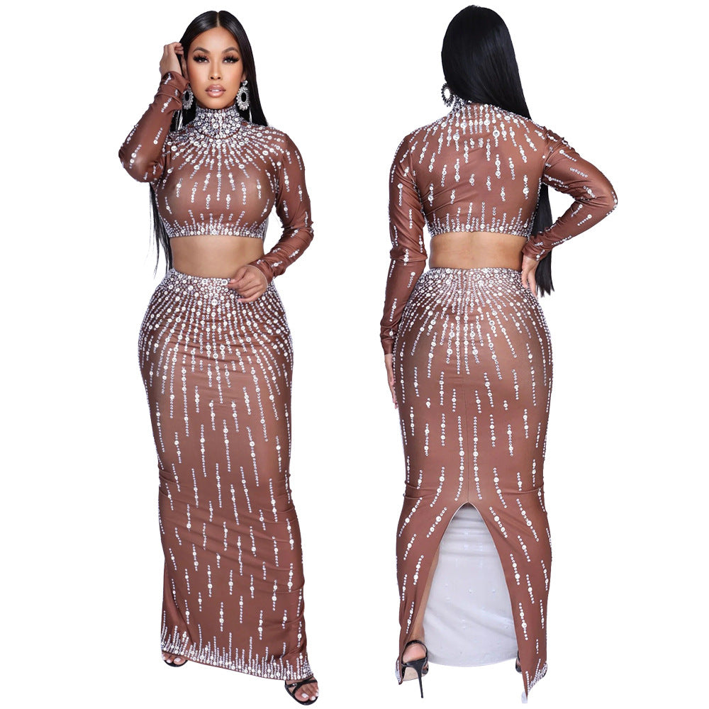 Long Sleeve Top & Bodycon Slit Skirt Party Printed Two-Piece Set
