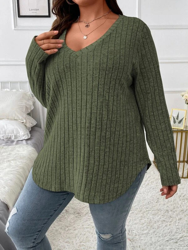 Women's Autumn Winter Solid Color Ribbed V-Neck Plus Size Pullover Top 4