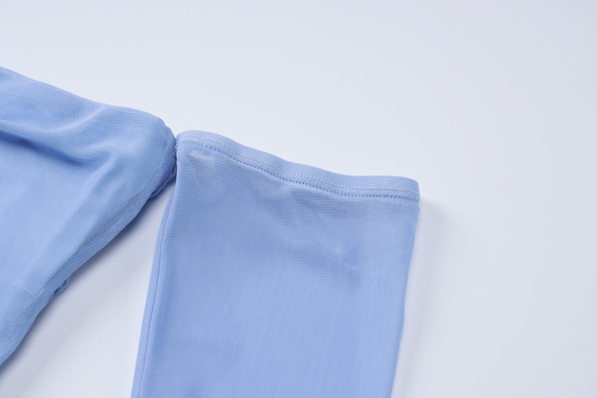 Women Summer Strapless Off Shoulder Patchwork Long Sleeve Sexy Mesh Dress 11