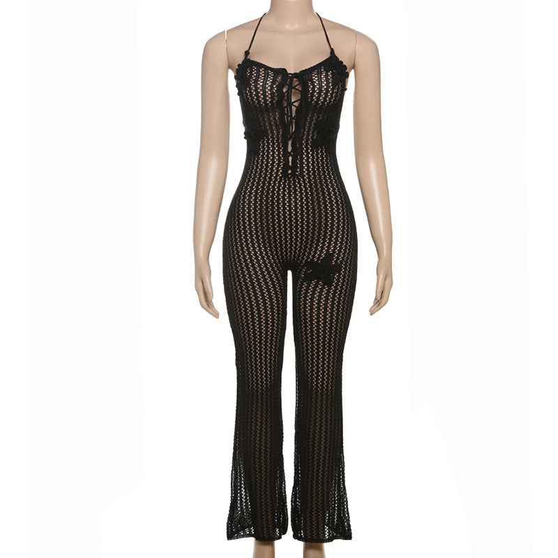 Spring Sexy Halter Neck Low Back Slim Flared Jumpsuit 14