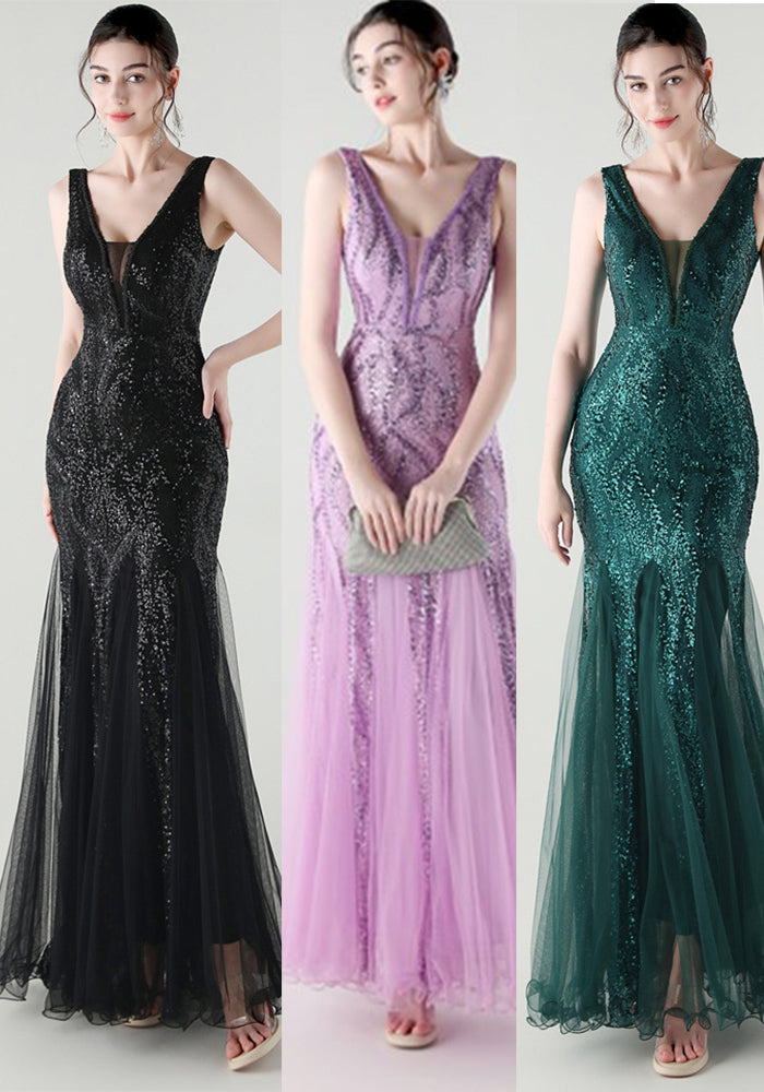 Deep V Fishtail Sequin Mesh Formal Party Evening Dress