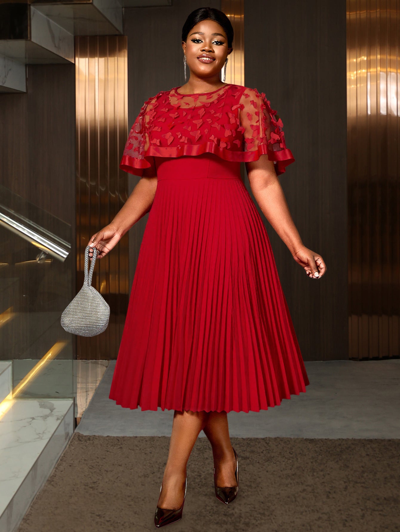 Plus-Size Women Red Patchwork Mesh Bow Shawl Pleated Dress