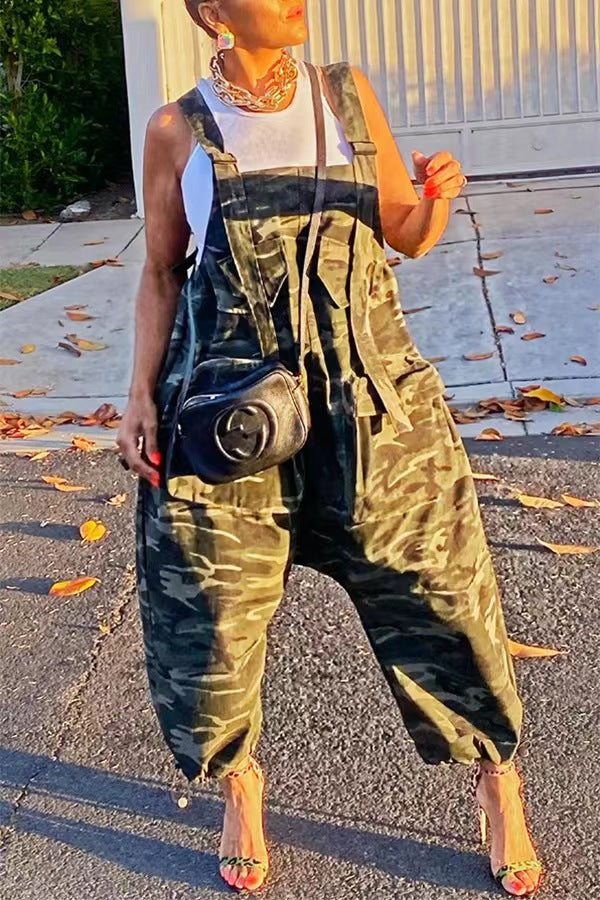 Women'S Camo Casual Cargo Loose Suspender Jumpsuit 8