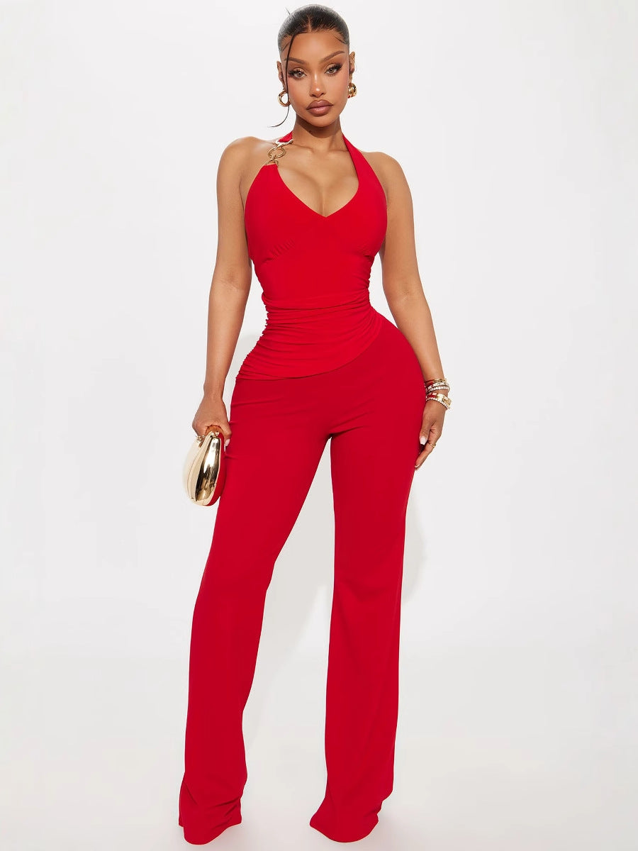 Women Solid Sexy Halter Neck Lace-Up Jumpsuit 4