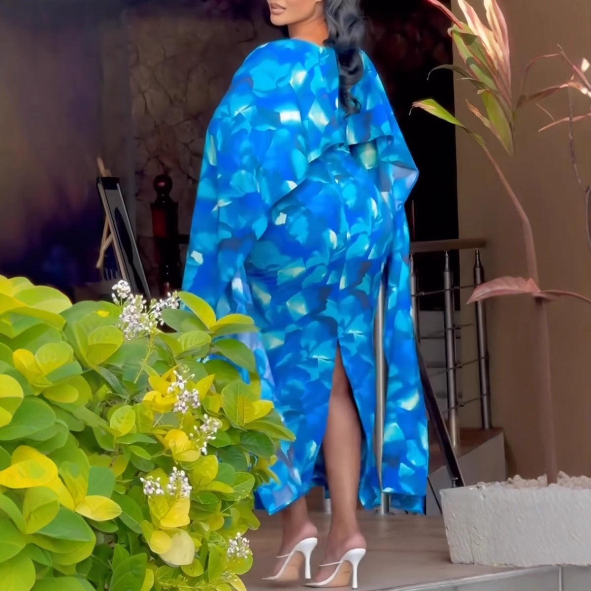 Women printed round neck split bodycon dress 5