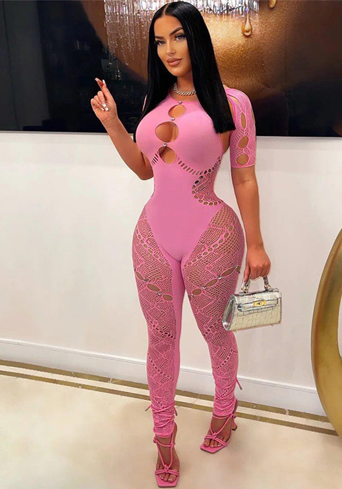 Women's Solid Color Halter Neck Short Sleeve Hollow Diamonds Sexy Slim High Waist Lace Jumpsuit