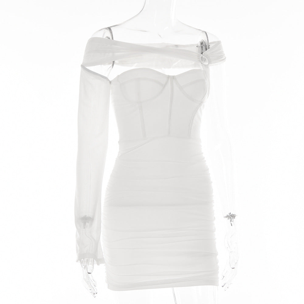 Women Sexy One Shoulder Sleeve Backless Strapless Dress 21