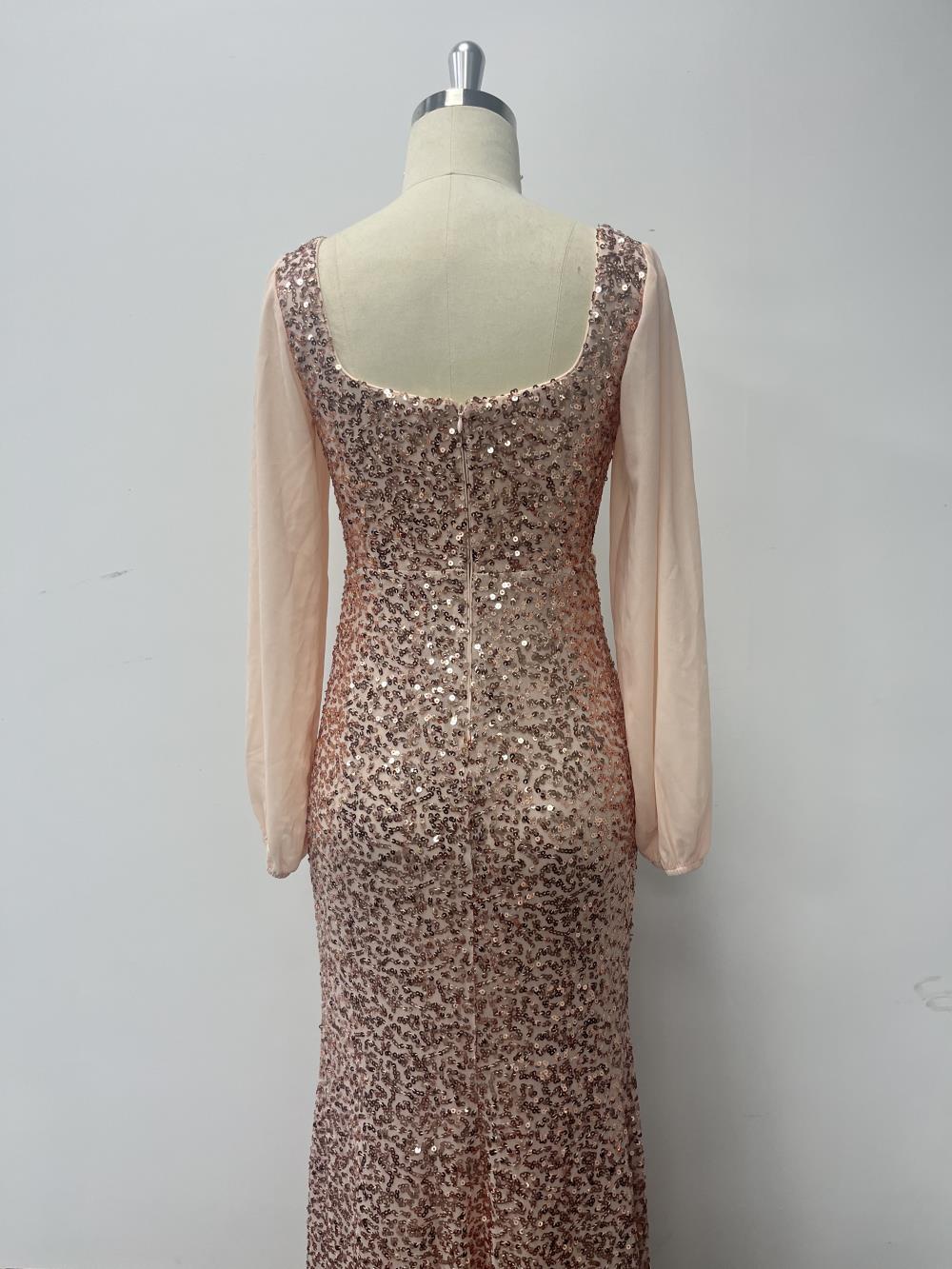 Women's  Sexy U-Neck Long Sleeve Shiny Evening Dress Chiffon Patchwork High Slit Pleated Long Dress 13