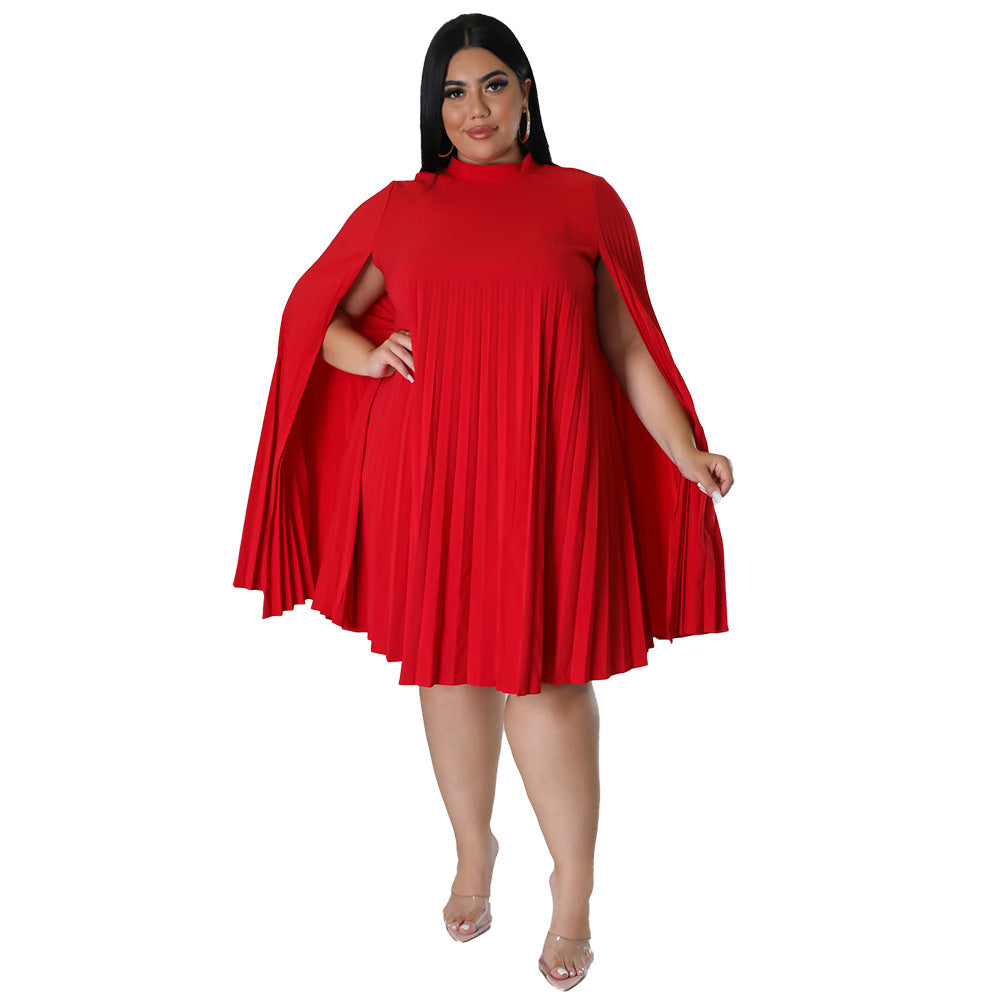 Plus Size Women Bell Bottom Sleeve Pleated Dress 6