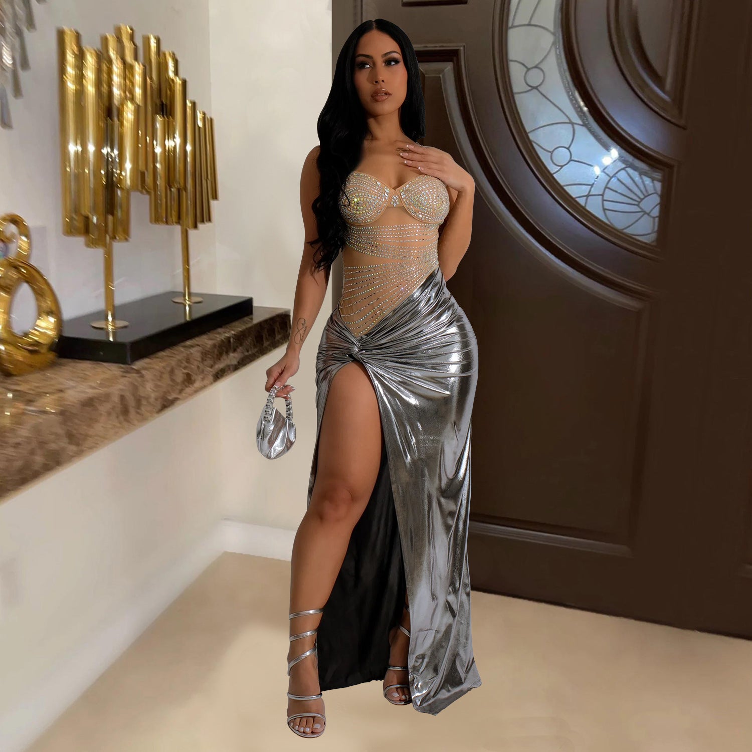 Fashionable women's rhinestone beaded see-through mesh patchwork high slit dress 8