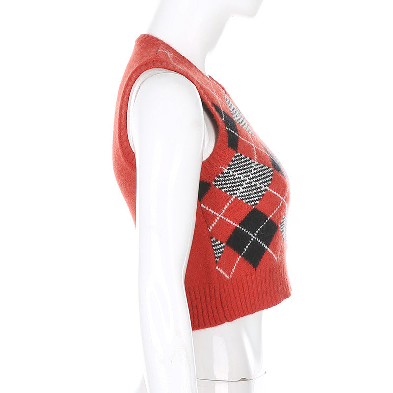 Women Solid Plaid Sleeveless V-Neck Sweater 35