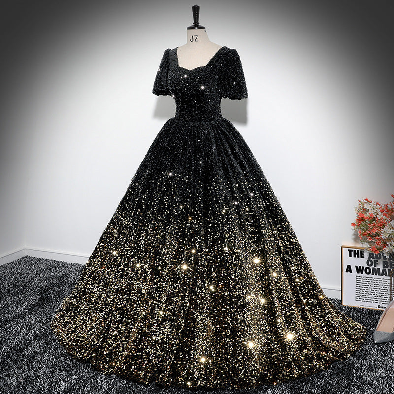 Luxury Sequin Puff Short Sleeve A-Line Luxury Evening Dress（Processing time need 3-6 days） 3