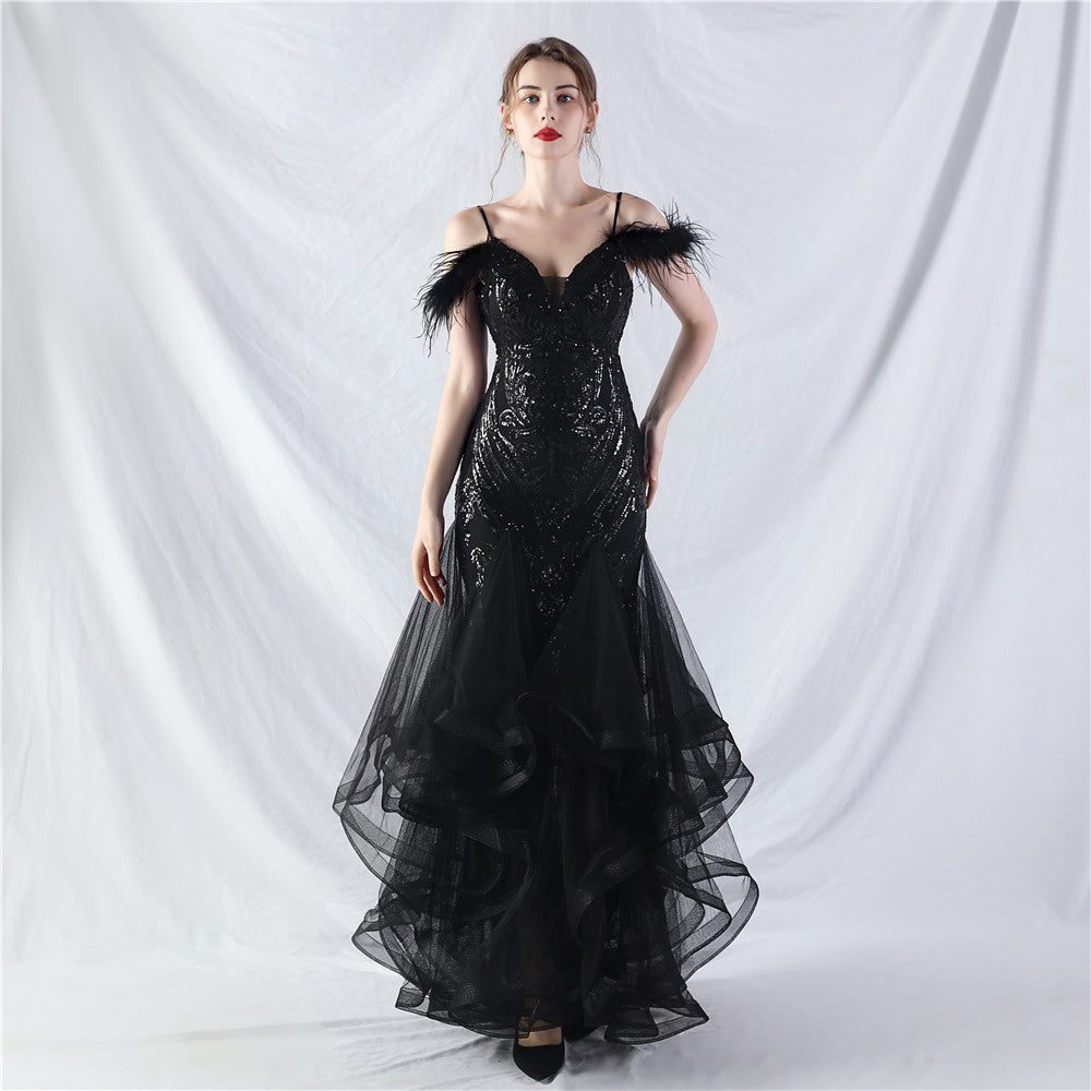 Women ostrich feather flower sequins patchwork mesh evening dress 16