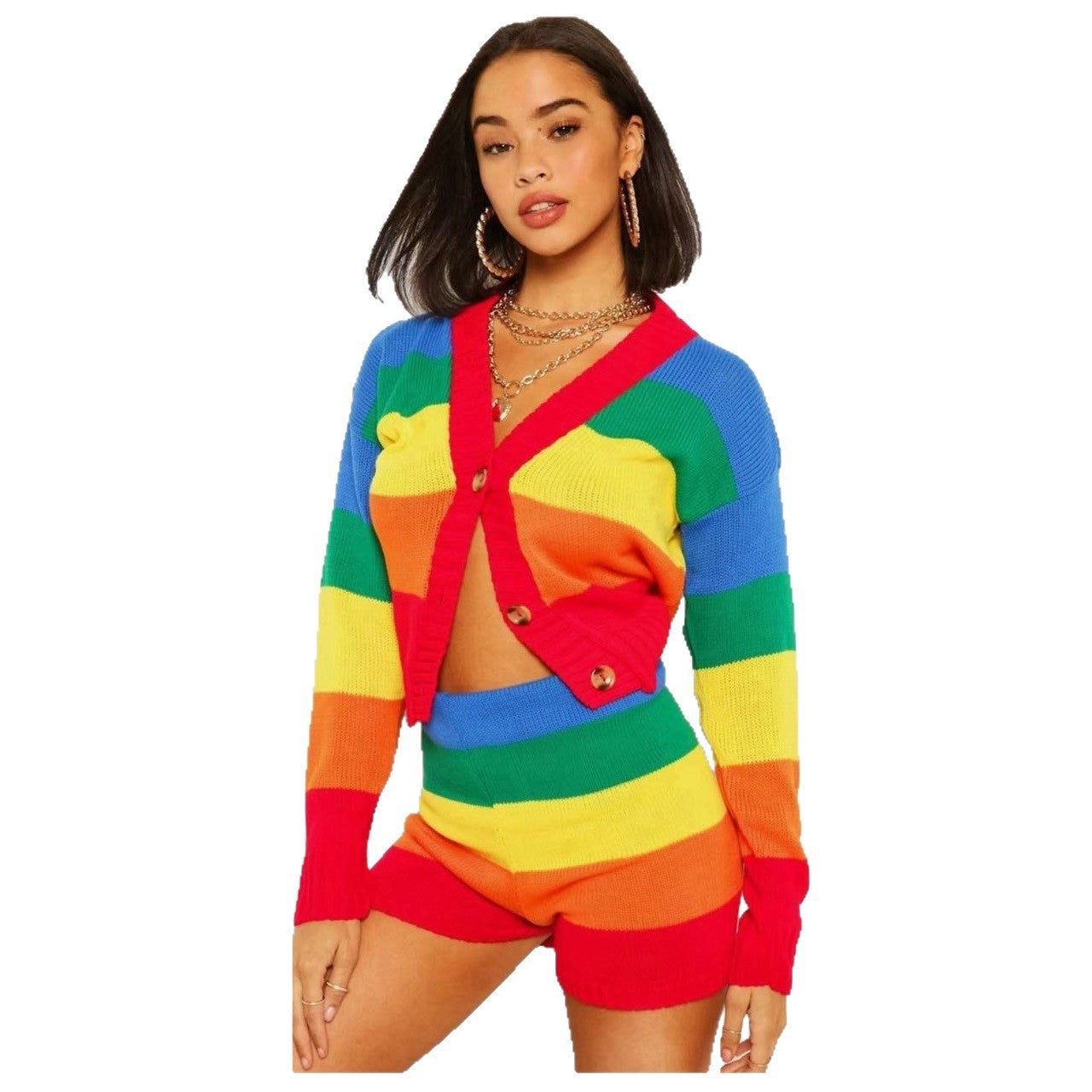 Women's Fashion Casual Color Block Print Cardigan + Shorts Set