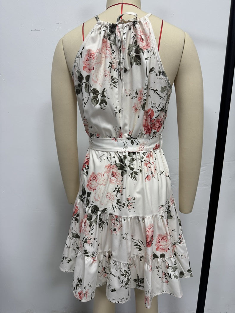 Women spring and summer lace-up printed suspender maxi dress 12