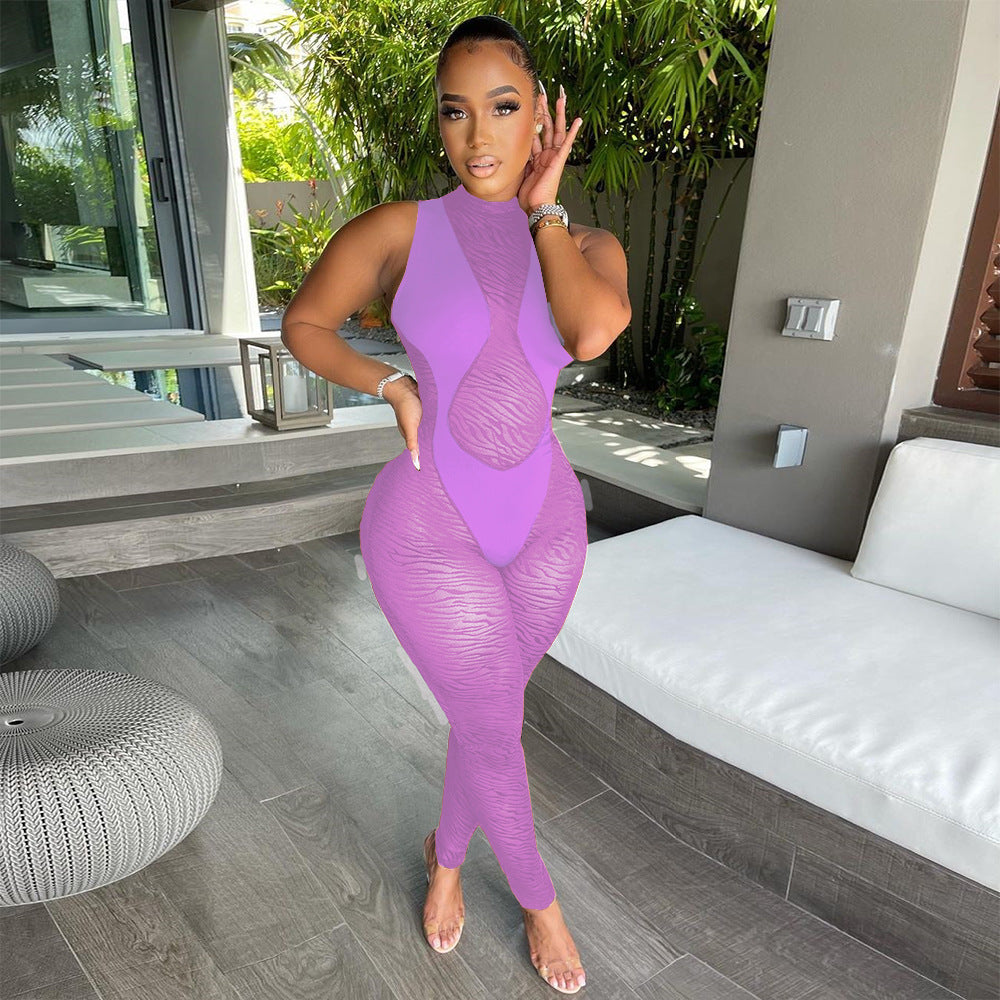 Sexy mesh flocking Patchwork hollow See-Through zipper jumpsuit for women