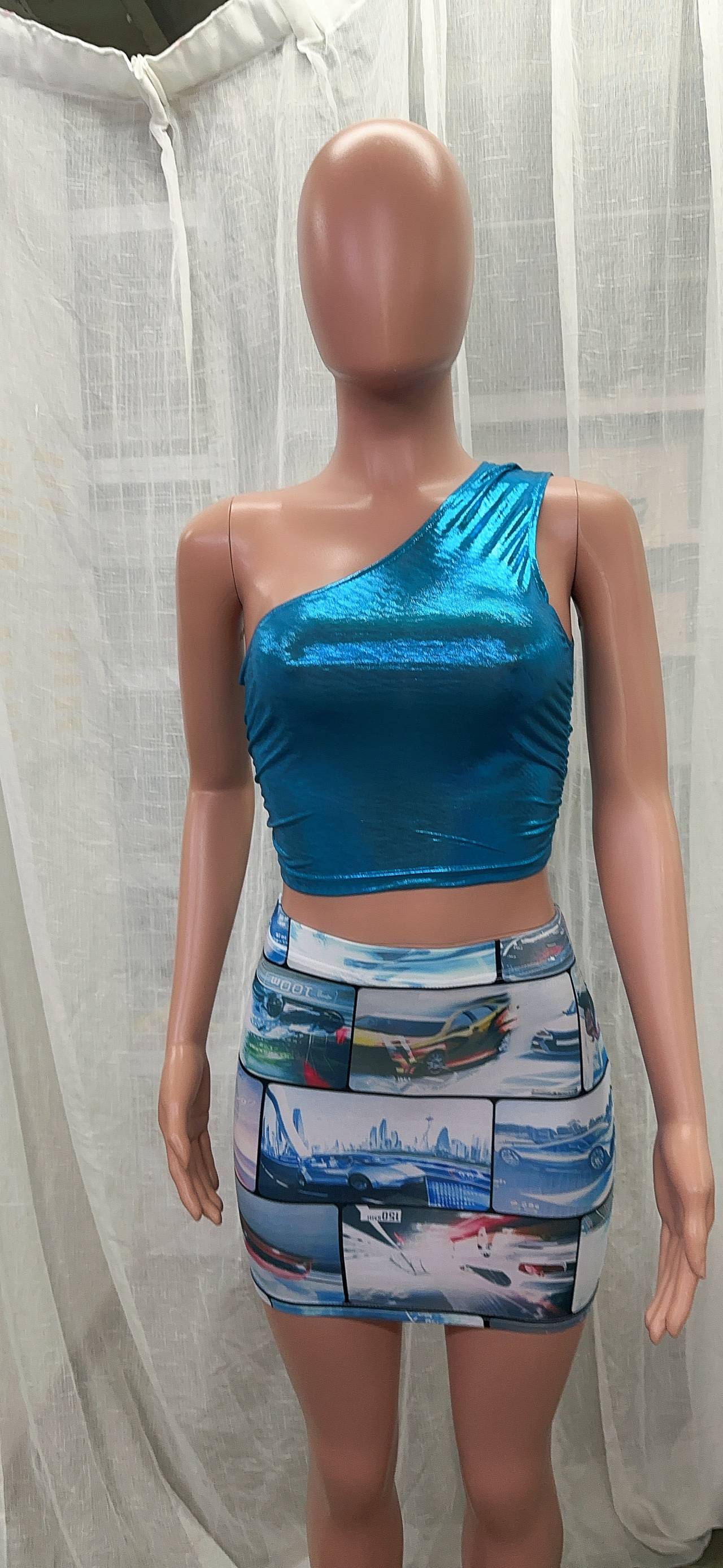 Outdoor Wear Women's Multicolor Shiny One Shoulder Top Faux Leather Print Skirt Two Piece Set 13