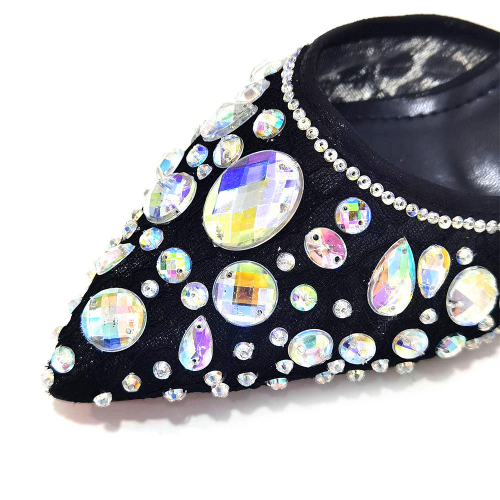 Comfortable Women's Pointed Toe Thin Strap Sandals Lace Diamonds Cylindrical Tassel Wedding Bag 19