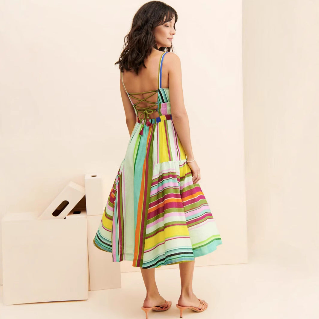 Women Bohemian Holidays Back Hollow Tassel Lace-Up Pocket Stripe Strap Dress