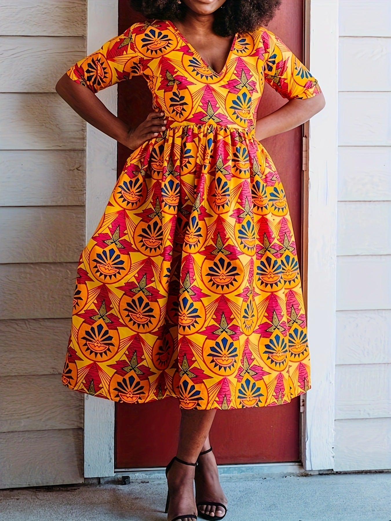 Plus Size Women Multi-Color Printed Holidays Dress