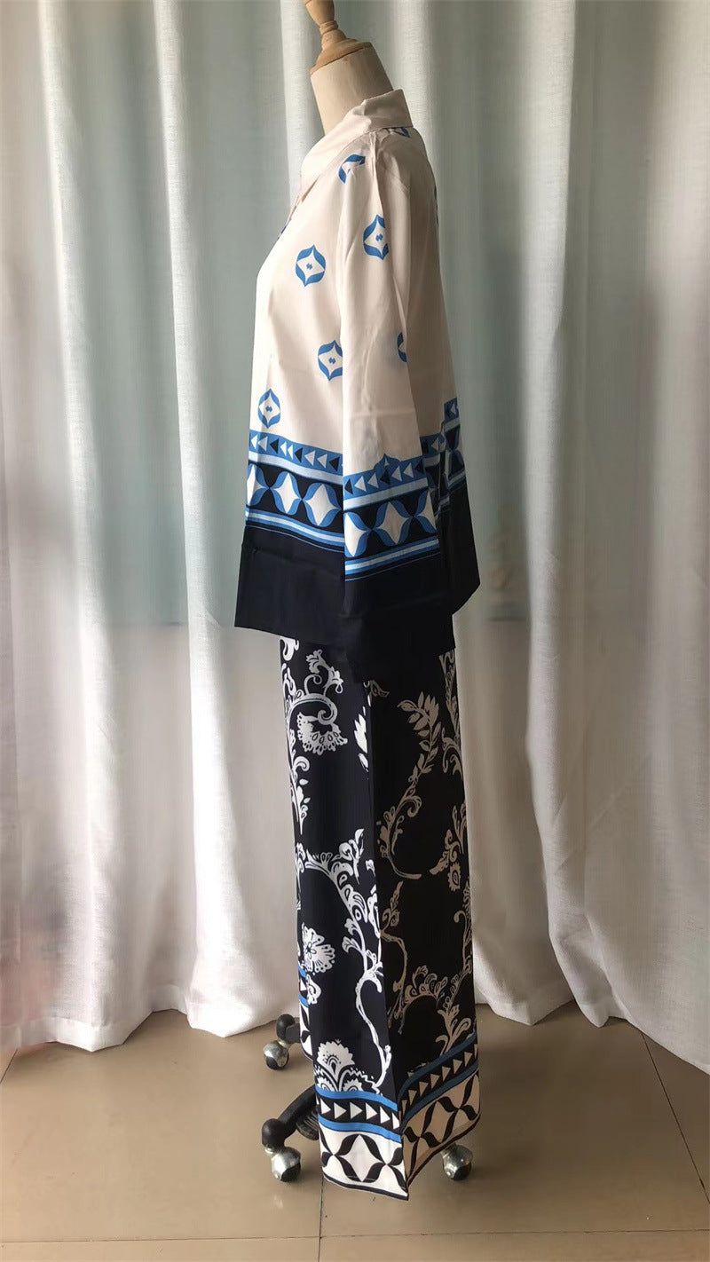 Women Print Loose long-sleeved top and wide-leg pants two-piece set 10