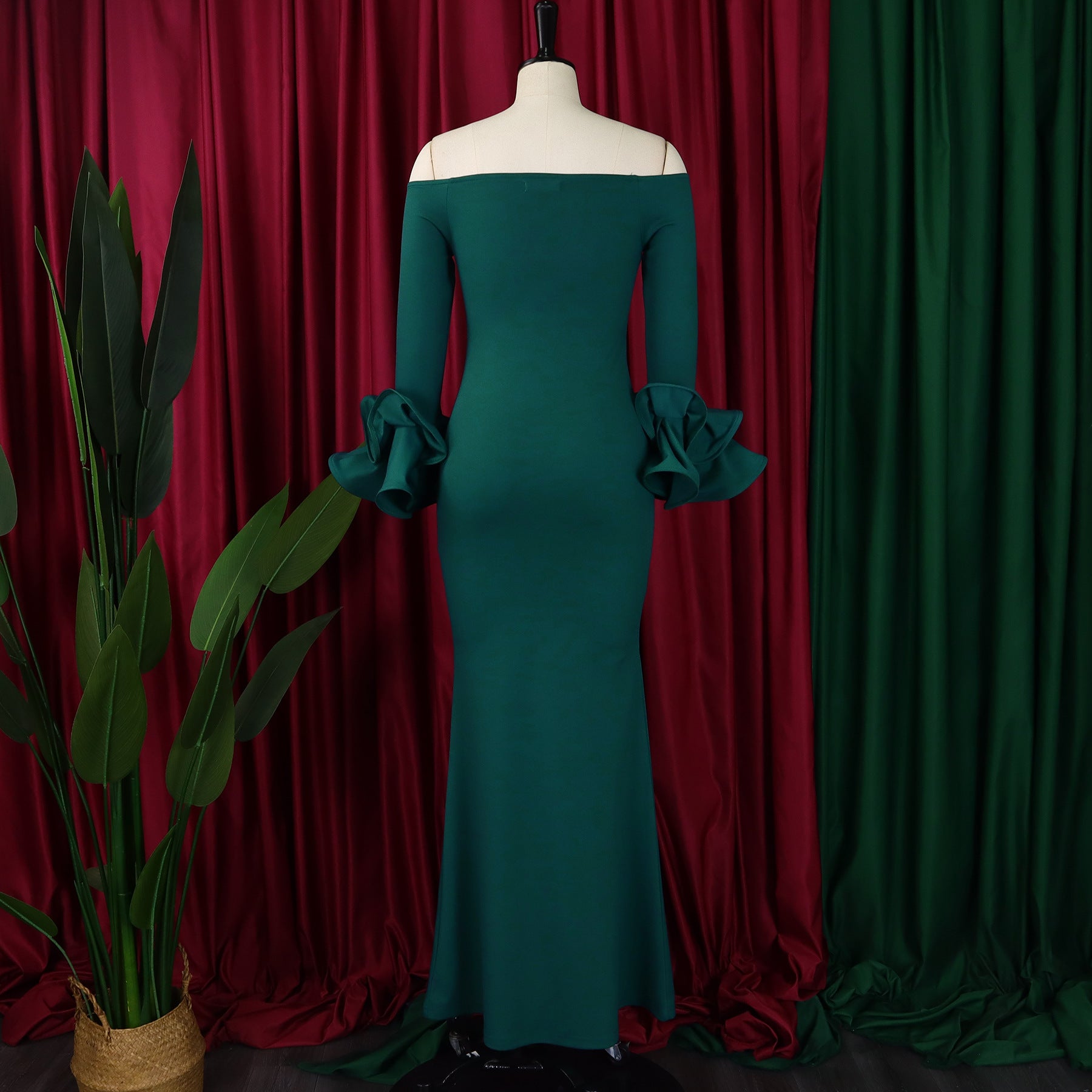 Fashionable And Elegant Off Shoulder Ruffle Sleeves Slit Formal Party Long Dress 27