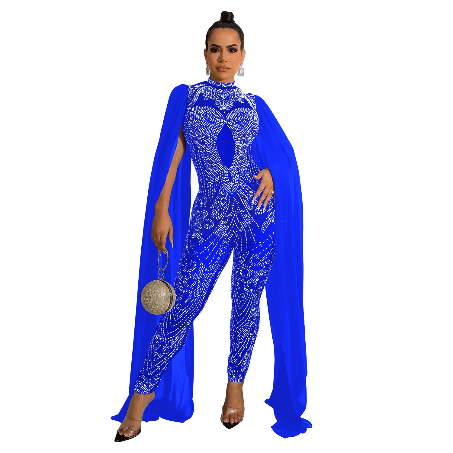 Women Beaded Mesh See-Through Slit Sleeve Jumpsuit 11