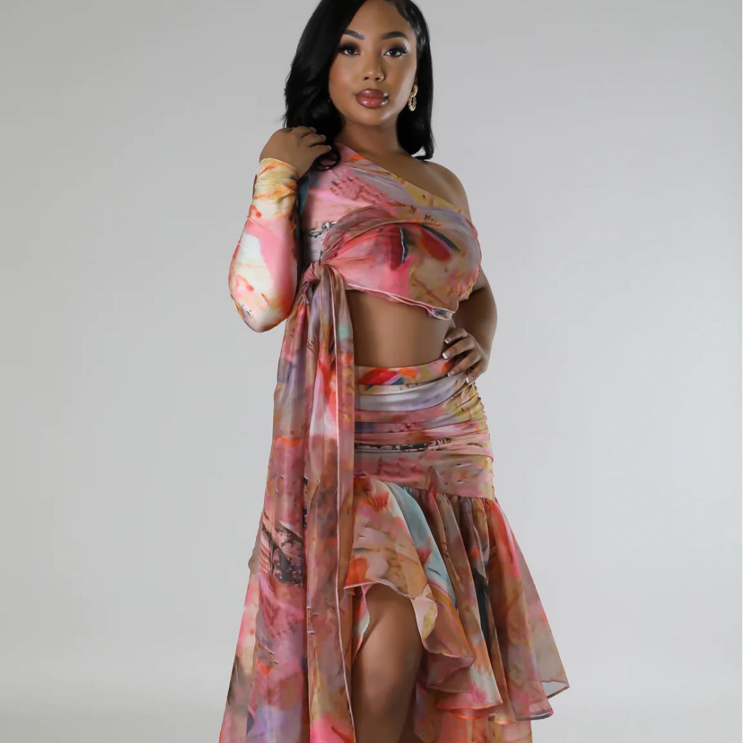 Autumn Women's Oil Painting Print Sexy High Slit Two-Piece Skirt Set 6