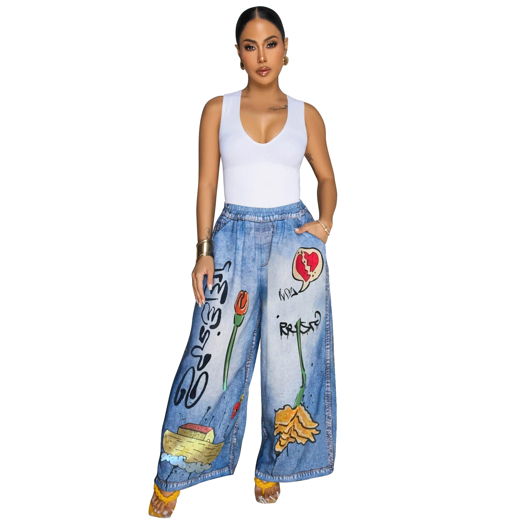 Women's print wide leg casual pants 5