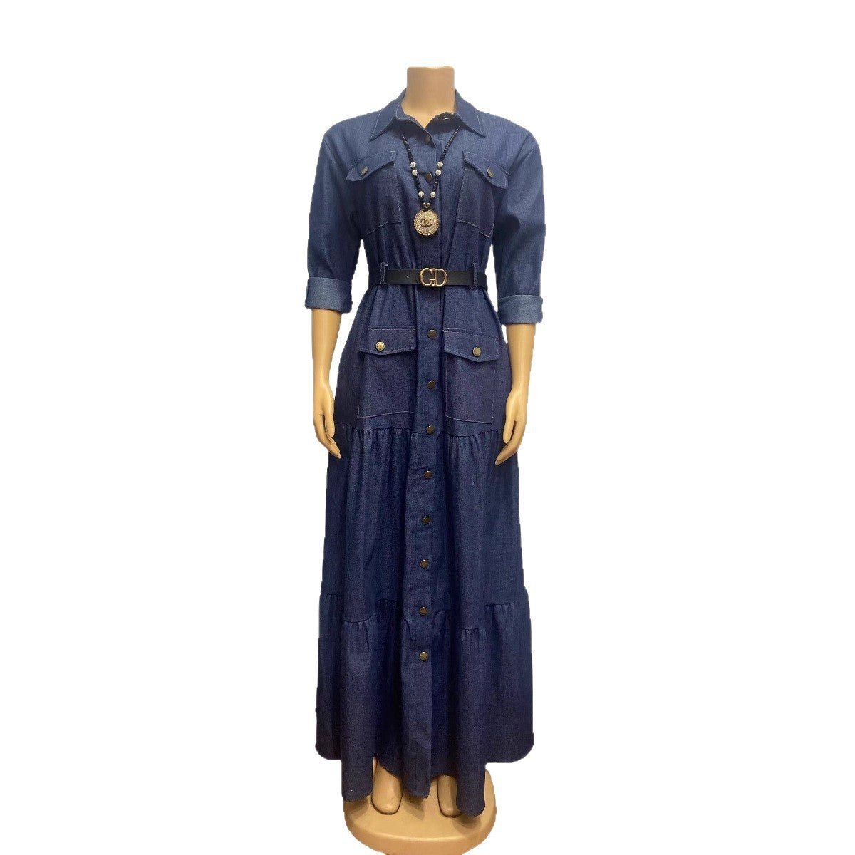 Women's Turndown Collar Metal Button High-Waist Denim Skirt 9