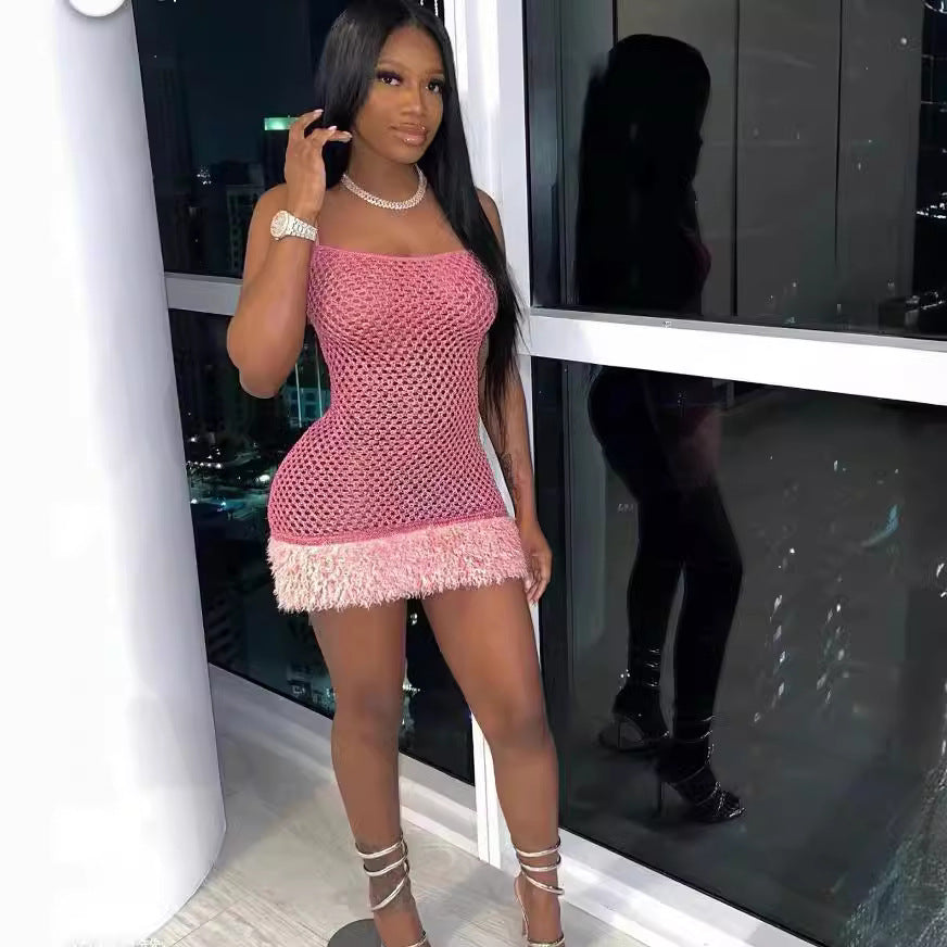 Women suspender sexy beaded Shiny mesh hollow dress 3