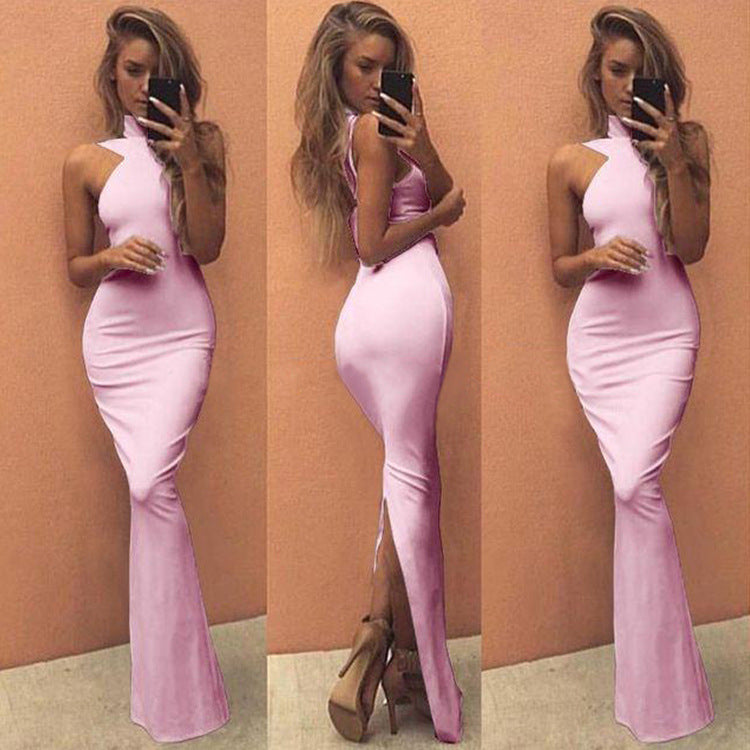 Women 's Halter Neck Back Slit Slim Long Dress 13