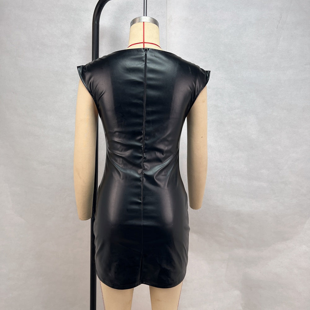 Women pu Leather Patchwork Sexy Sleeveless Zipper Bodycon Dress 8