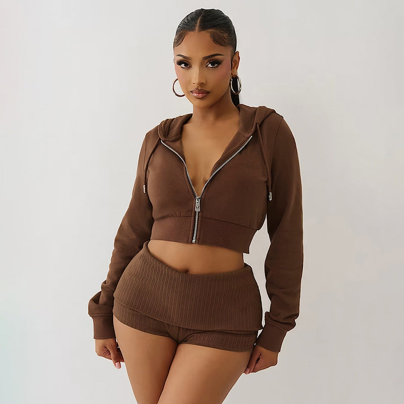Women Fall Casual Zipper Hoodies and Fold-Up Shorts Two-Piece 9
