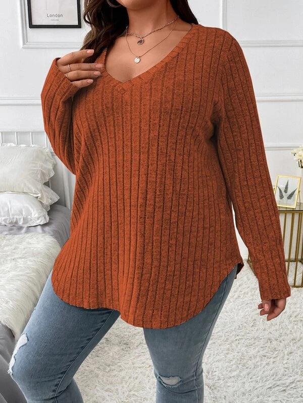 Women's Autumn Winter Solid Color Ribbed V-Neck Plus Size Pullover Top 17