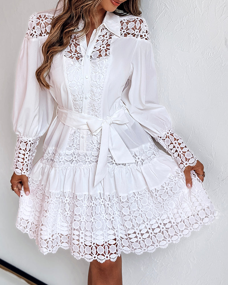 Lace Patchwork Long-Sleeve Belt Shirt Dress 4