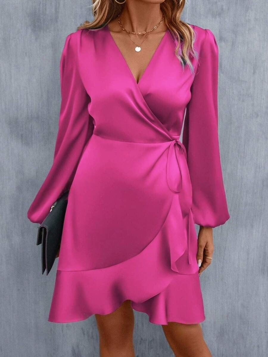 Summer V-Neck Satin Dress Slim Waist Midi Dress 3