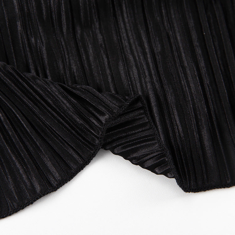 Women's Autumn Round Neck Belt Bell Bottom Long Sleeve Long Pleated Dress 28