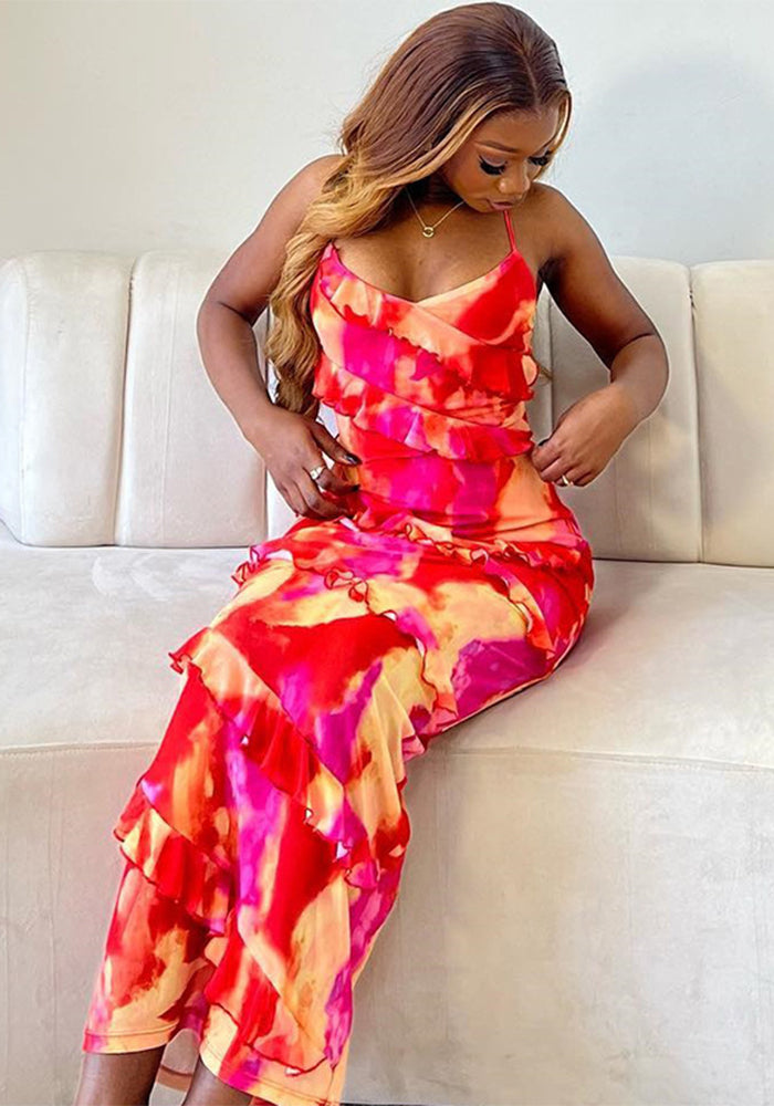 Women's Fashion Print Sexy Strap Low Back Ruffled Irregular Trend Dress