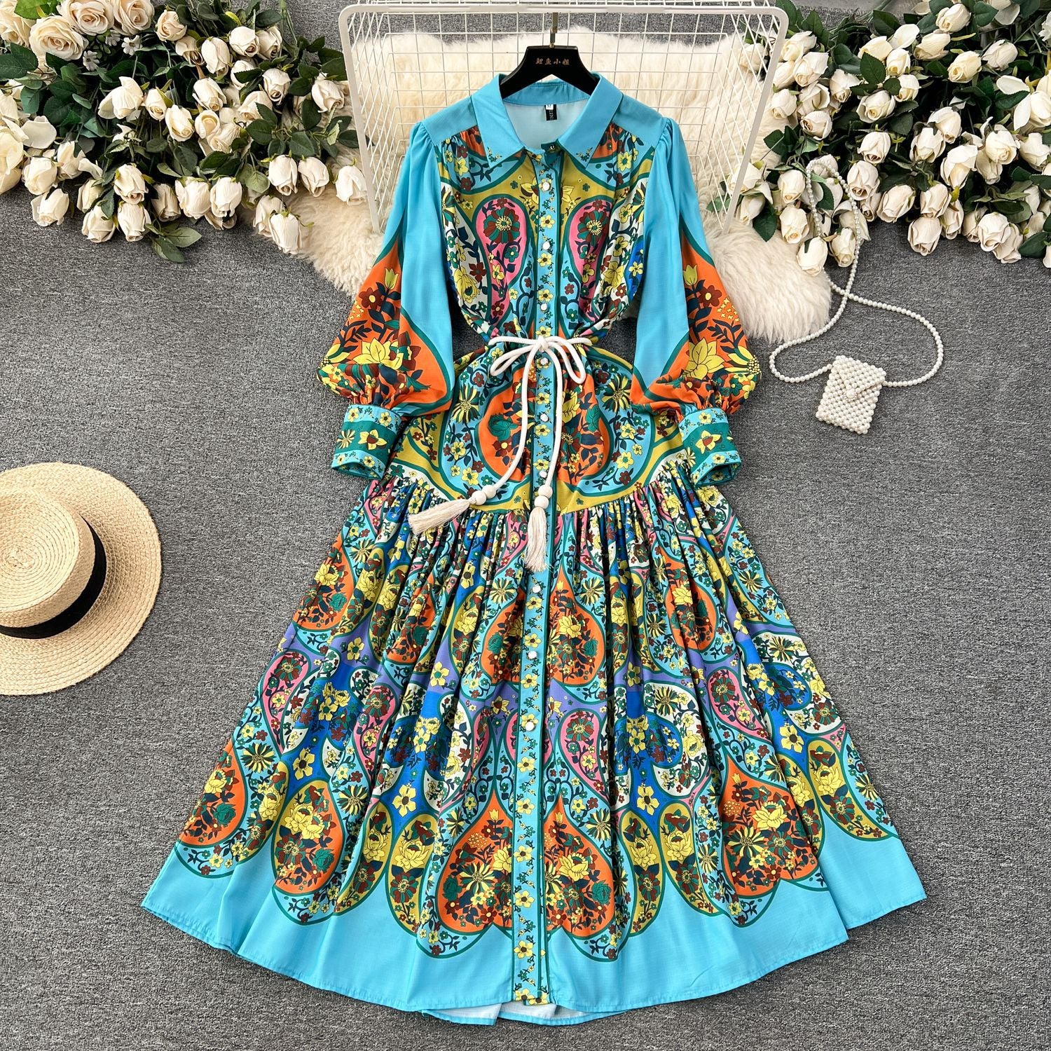 Women French retro print color matching shirt dress 6