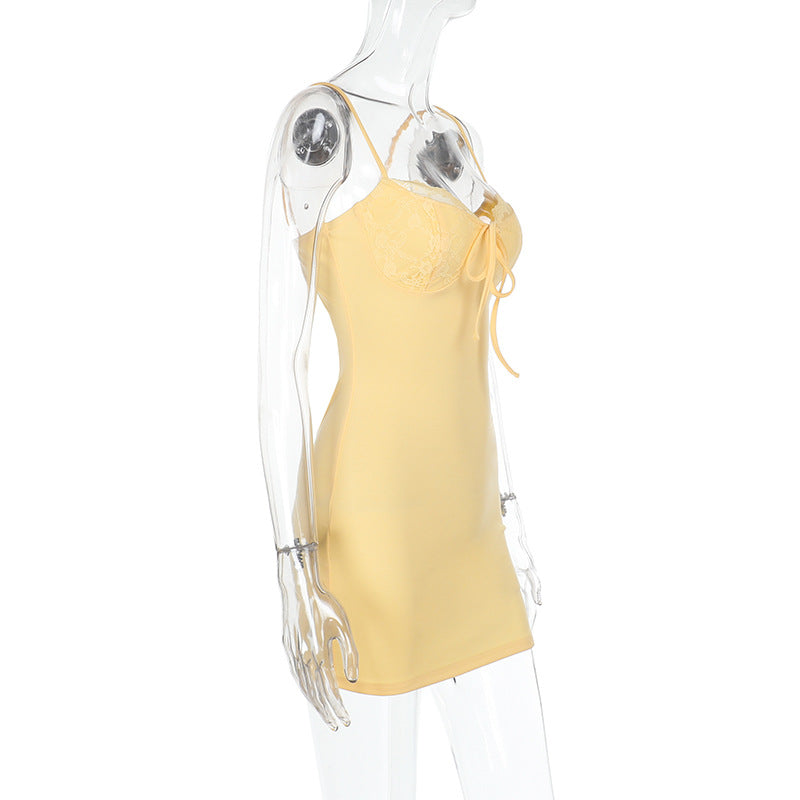 Women sexy suspender lace edge slit dress 10