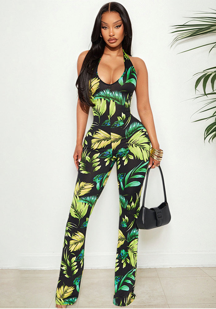 Women's Spring-Summer V-Neck Halter Lace-Up Leaf Print Flared Jumpsuit