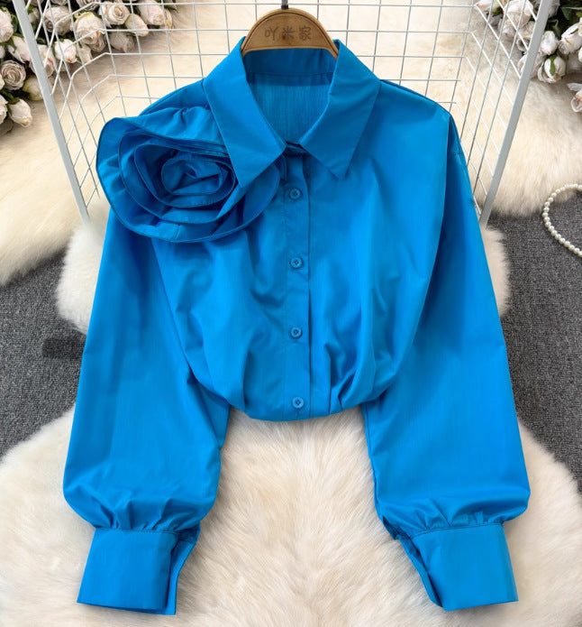 Women spring and autumn floral long-sleeved Turndown Collar Solid Casual Top 13