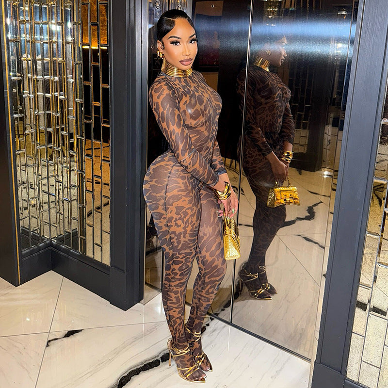 Women's Leopard Print Mesh High Neck Long Sleeve Fingerless Glove Bodysuit Tight Fitting Leggings Set