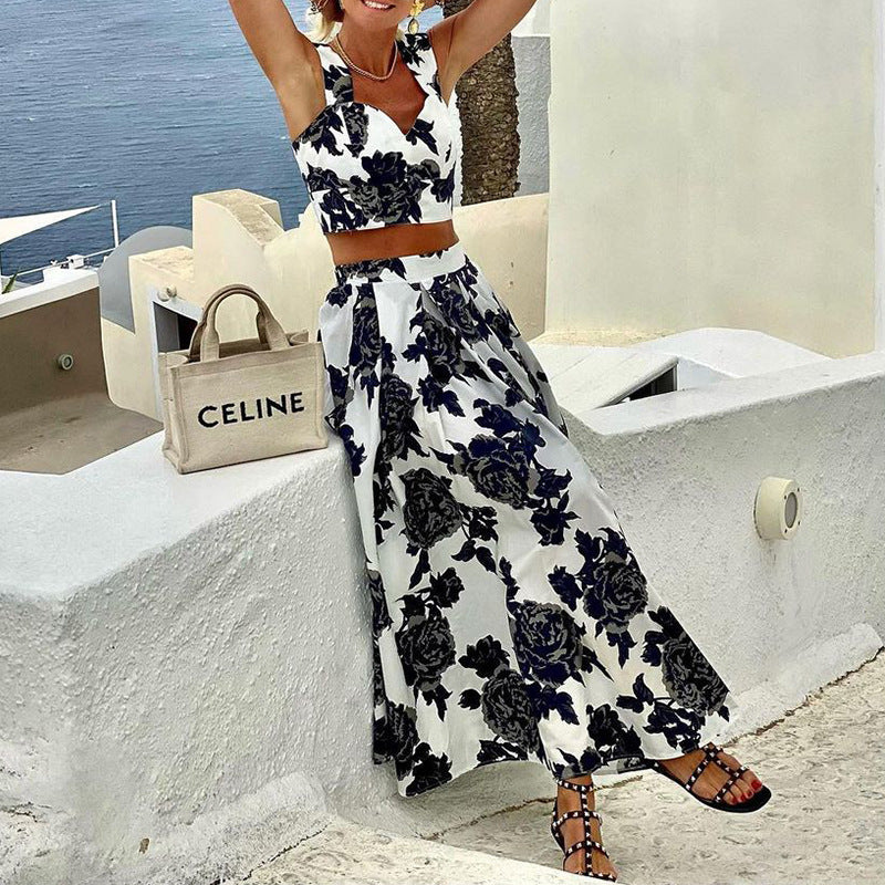 Women's Suit Summer Printed Strap Vest Top Long Skirt Two-Piece Set 6