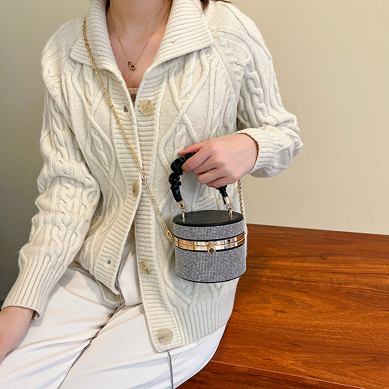 Women Sparkling Diamond Bucket Bag Pleated Chain Shoulder Bag 10