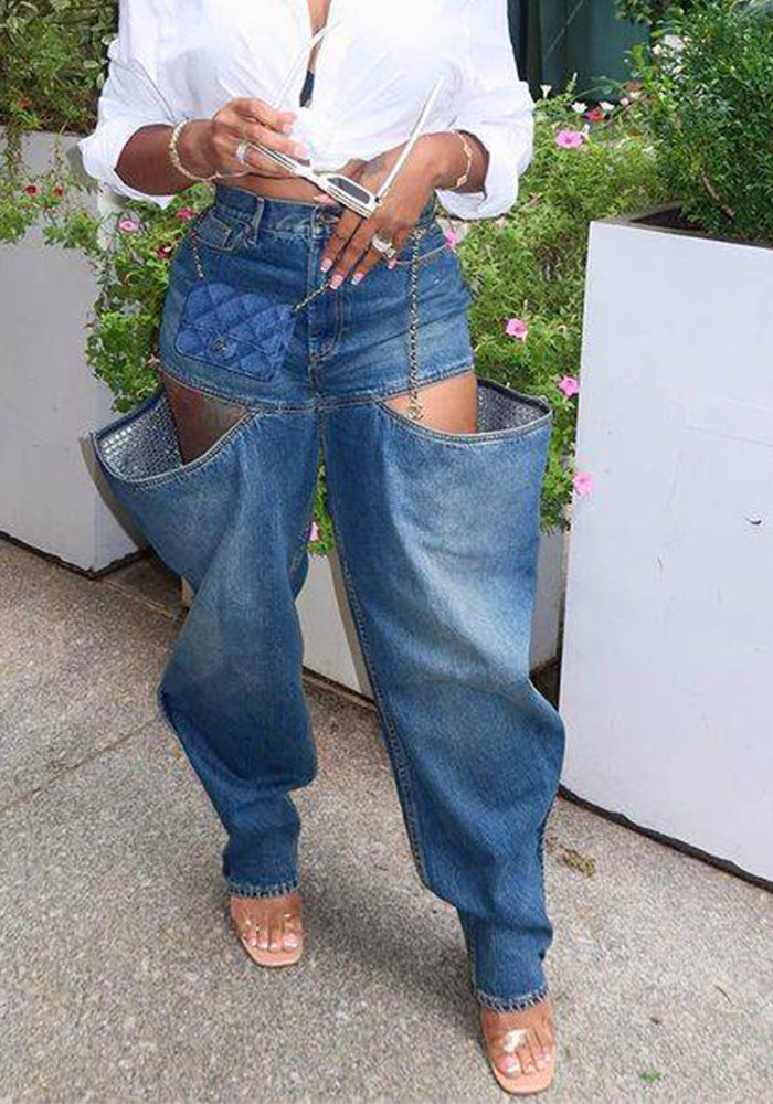 Women Symmetrical Ripped Washed Denim Pants