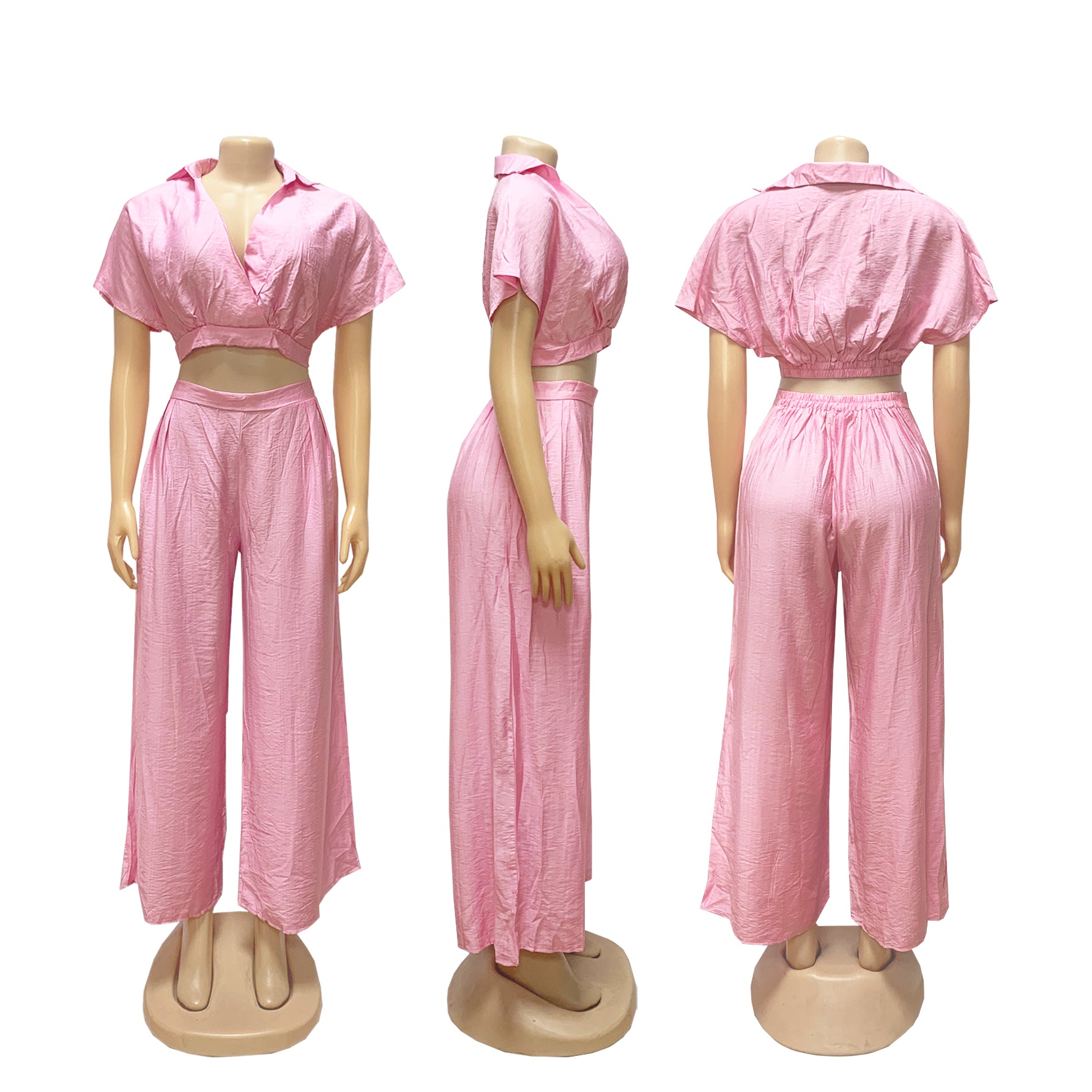Women Casual Holidays Summer Turndown Collar Short Top & High-Waist Wide-Leg Pants Set 16