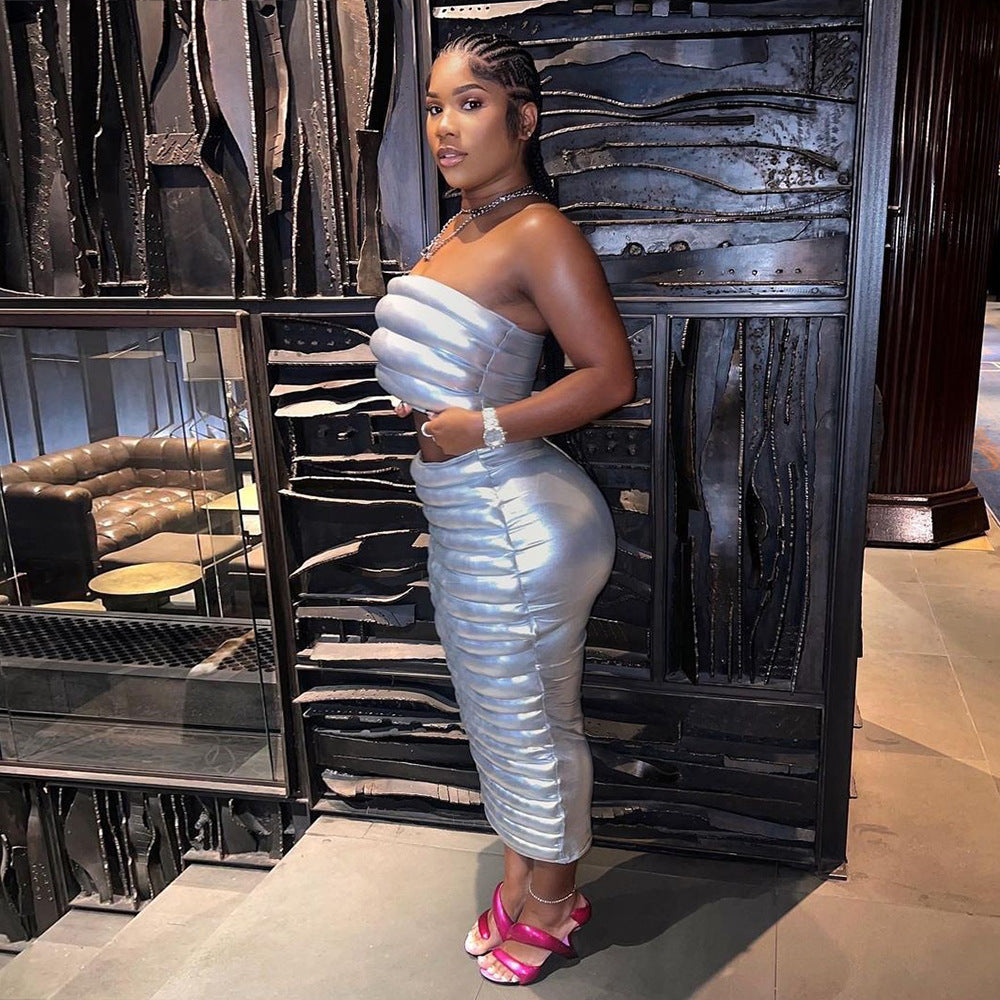 Winter Women's Sexy Cotton-Padded Crop Strapless Top Slim Long Skirt Two Piece Set 5