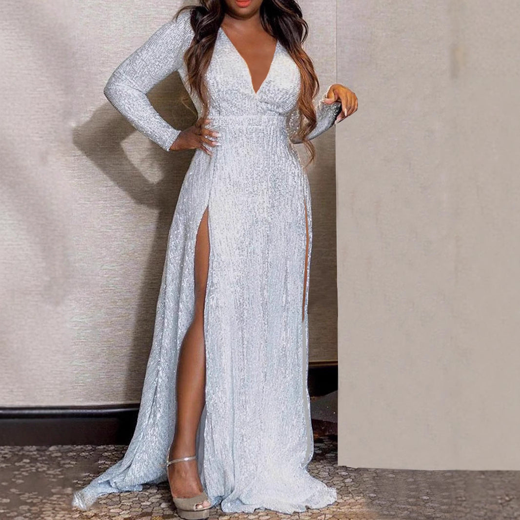 Women Sexy Slit Solid Sequin Maxi Dress 3